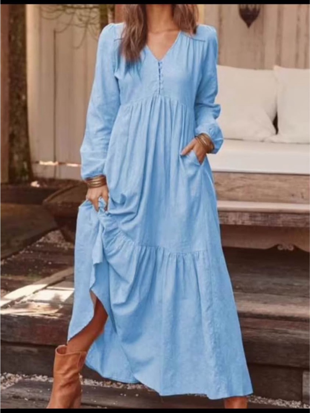 Light Blue V-Neck Long Sleeve Tiered Maxi Dress
